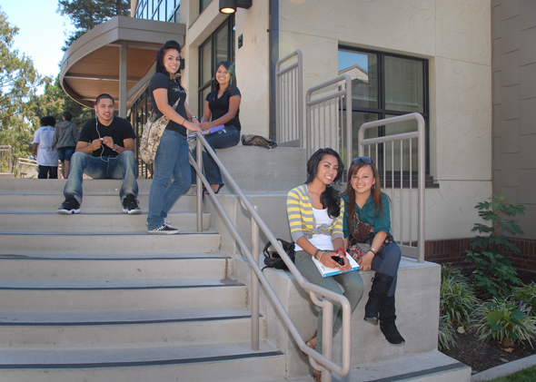 Irving Goleman Library-Exterior, Happy Students on Steps