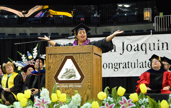 Student Speaker Teresa Sosa makes a point to the grads!