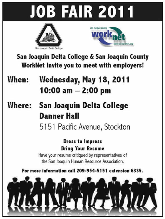 Job Fiar Flyer. Job Fair, May 18th at Delta College, 10am-2pm.