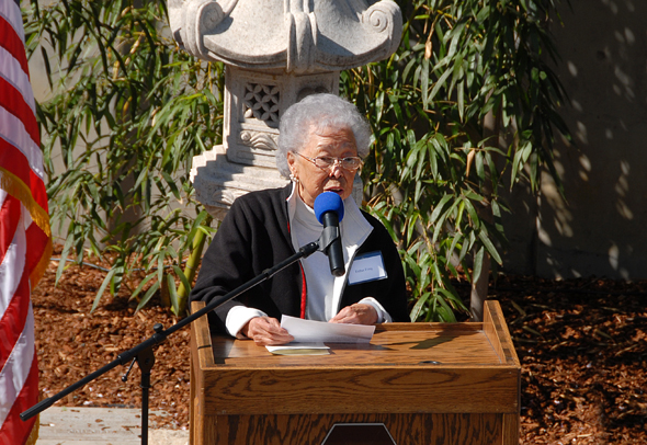 Former Elizabeth Humbargar student, Esther Fong, speaks at the dedication.