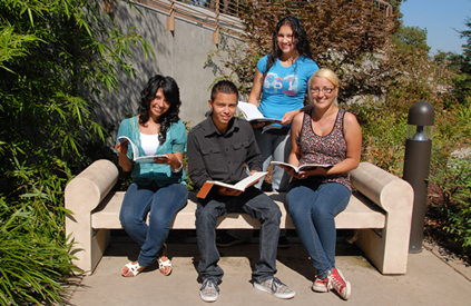 Delta College students enjoy the DeRicco Building garden.