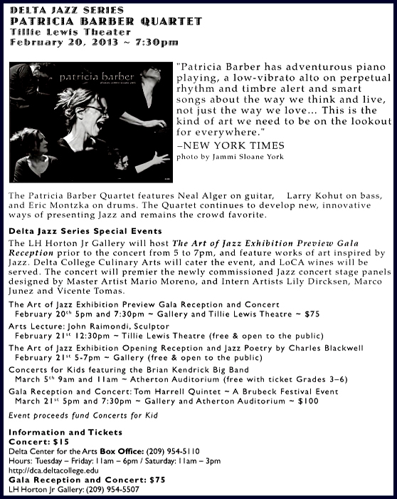 Patricia Baarber Quartet - Feb. 20 - Tillie Lewis Theater - tickets (209) 954-5110