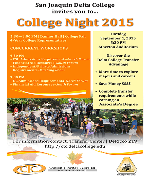 College Night,  Tuesdau, Sept. 1, 5:30 p.m. - 8 p.m. in Atherton Auditorium & Danner Hall