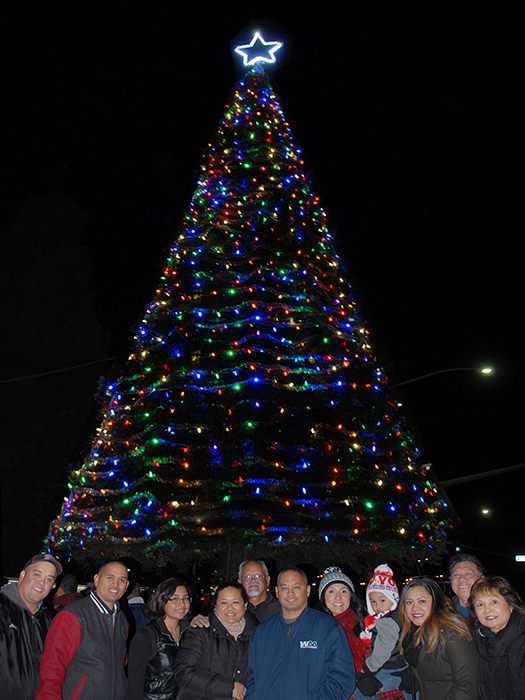 A family gathers under the 2015 Hospice Tree of Lights!