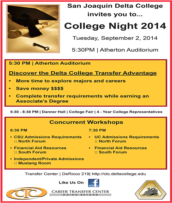 College Night, Sept. 2, 5:30pm at Atherton Auditorium. Discover the Delta College Transfer Advantage! Workshops at 6:30 & 7:30pm.