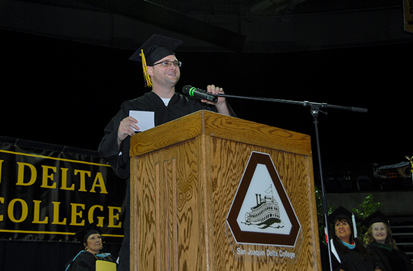 Eric Luis gives the student commencement speech at Delta's 80th Commencement Ceremony, May 28th.