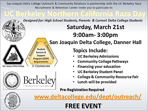 UC Berkeley RAZA Day at Delta College, March 21. UC Berkeley admissions workshops for HS and Community College Students.