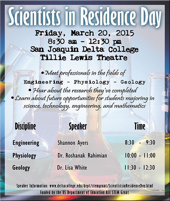 Scientists in Residence Day, 8:30am - 12:30pm, Tillie Lewis Theater. Meet Women Scientists for Women's History Month!