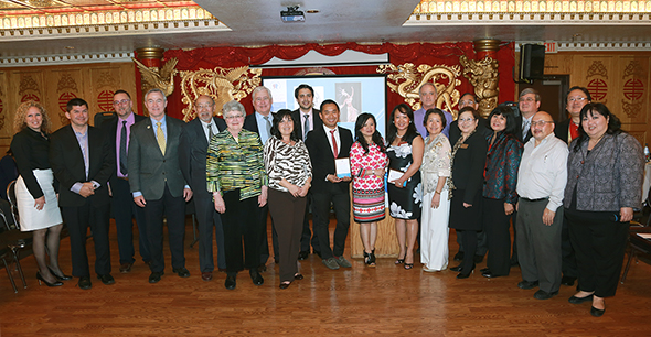 Dr. Kathy Hart (6th L) joins award recipients and guests at the 2016 Central Valley Asian-American Chamber of Commerce Recognition Dinner & Awards