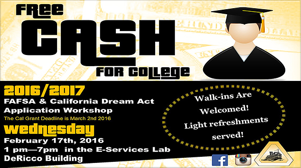 Cash for College event, Feb. 17, 1-7pm, DeRicco 149 E-Services Lab