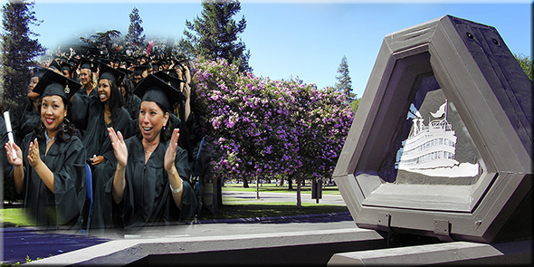 Delta College's Main Pacific Ave. Entrance with photo insert of recent grads.