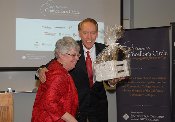 Delta College Superintendent/President Dr. Kathy Hart presents Dr. Harris with a parting gift after the Chancellor's Circle meeting.