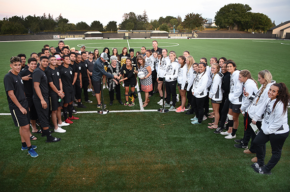 Superintendent/President Kathy Hart cuts the ribbon for Delta's new Soccer Complex, Oct. 11.