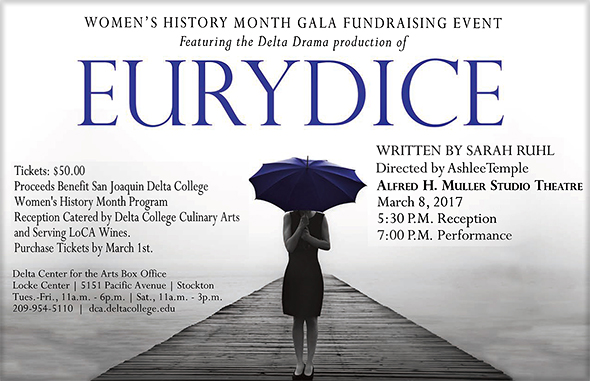 Delta Drama Presents - Eurydice, March 8, 7pm at Studio Theater. A Women's History Month Fundraising Event.