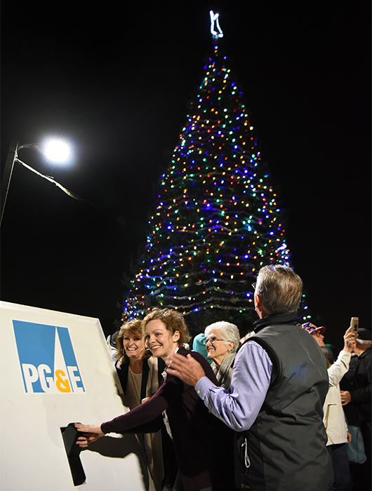 The Hospice Services family of Thomas Auclair flips the giant PG&E switch! to light the 2017 Tree of Lights.