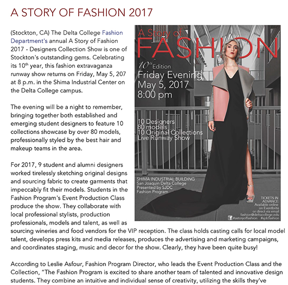 Story of Fashion Designer's Collection, May 5, 8pm @ Delta's Shima Industrial Center