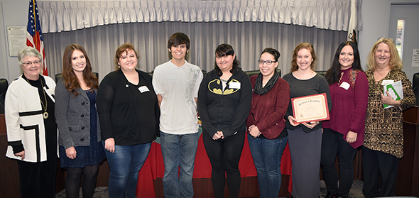 Delta College Students published in the Arthur Miller Journal: L-R: Superintendent/President Dr. Kathy Hart, Leandra Dominguez, Megan Hardin, Hector Madrigal, Victoria A. Stevens, Celida Navarro, Kaci Hurst, Ashley Rae Hardacre, Dr. Jane Dominik 