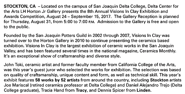 Visions in Clay, August 24-September 15, 2017. LH Horton Gallery.