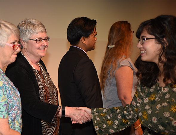 Delta Superintendent/President, Dr. Kathy Hart greets scholarship recipients.