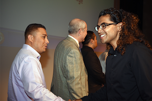 A Delta College Scholarship donor greets a recipient.